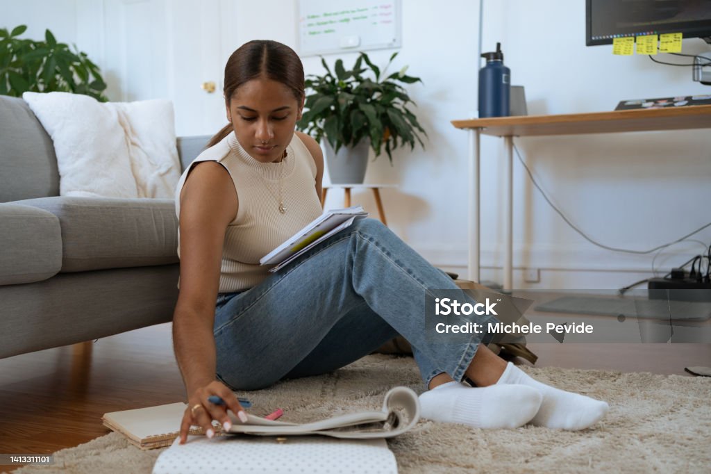 Young black woman studying at home Student Debt Stock Photo