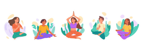kreskówkowe medytujące, relaksujące ludzie, postacie ćwiczące jogę. medytacja, spokojne kobiety i mężczyźni, trening oddechu i zdrowie psychiczne płaska ilustracja wektorowa. medytacja i praktyka jogi - vector solitude spirituality contemporary stock illustrations
