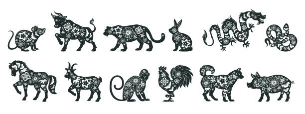 Chinese zodiac signs silhouettes, lunar New Year horoscope animals. Oriental astrological calendar tiger, rabbit and rooster signs flat vector illustrations set. Asian horoscope symbols Chinese zodiac signs silhouettes, lunar New Year horoscope animals. Oriental astrological calendar tiger, rabbit and rooster signs flat vector illustrations set. Asian horoscope symbols chinese zodiac sign stock illustrations