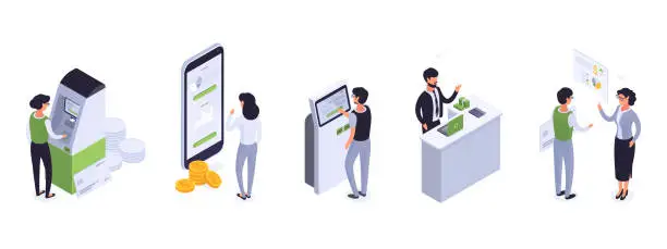 Vector illustration of Isometric people using ATM or online cash register. Online banking, cash terminal and mobile purchase cashier vector symbols illustration set. Internet banking payment collection
