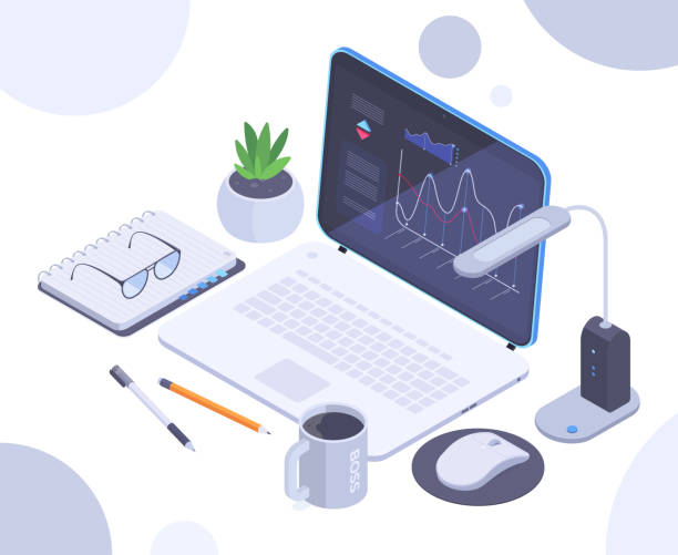 ilustrações de stock, clip art, desenhos animados e ícones de isometric workplace with laptop, notebook and office supplies. office workspace, business equipment, personal planner and 3d stationery vector illustration. modern desk workplace - mouse pad