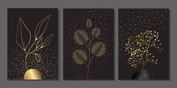 zestaw luksusowych złotych ścian z drzewem, liściem - wall decor stock illustrations