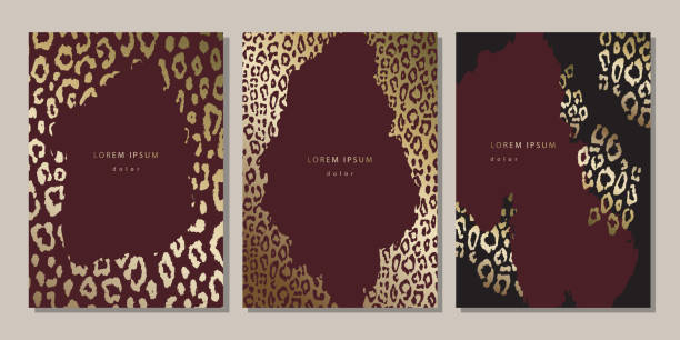 Set of luxury templates with golden leopard skin texture Set of luxury templates with golden leopard skin texture. Covers, posters, banner on dark burgundy color fur textures stock illustrations
