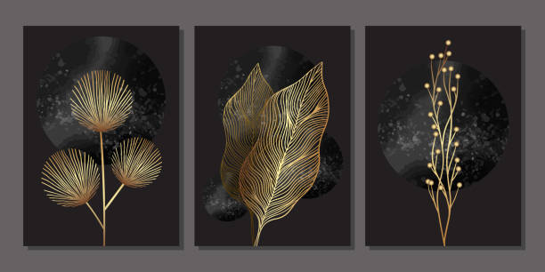 set aus luxuriöser goldener wandkunst mit linearen pflanzen - autumn branch leaf backgrounds stock-grafiken, -clipart, -cartoons und -symbole