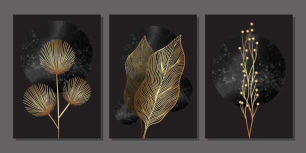 ilustraciones, imágenes clip art, dibujos animados e iconos de stock de conjunto de arte mural de oro de lujo con plantas lineales - autumn branch leaf backgrounds