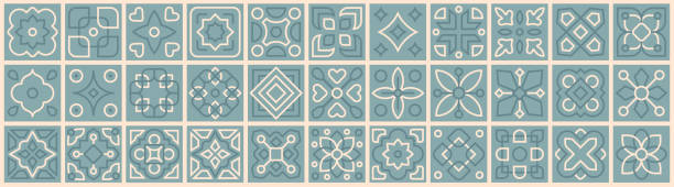 stockillustraties, clipart, cartoons en iconen met patchwork from azulejo tiles portugal and spain ornate collection. set decor geometric and floral retro tiles pattern for ceramic floor and wall vector illustration - rohingya