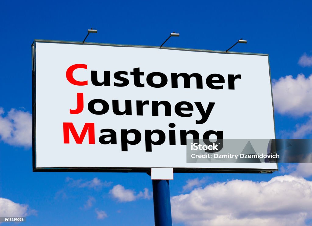 CJM customer journey mapping symbol. Concept words CJM customer journey mapping on big white billboard against blue sky and white clouds. Business and CJM customer journey mapping concept. Copy space. Advertisement Stock Photo