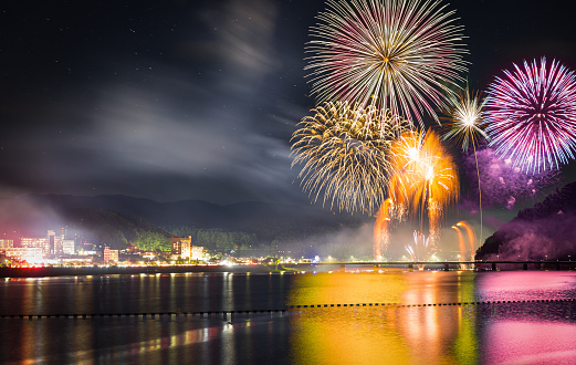 Summertime in Japan means festivals, and lots of them. Here a fireworks show is seen reflecting on Gosho Lake on the boarder of Morioka city and Shizukuishi.