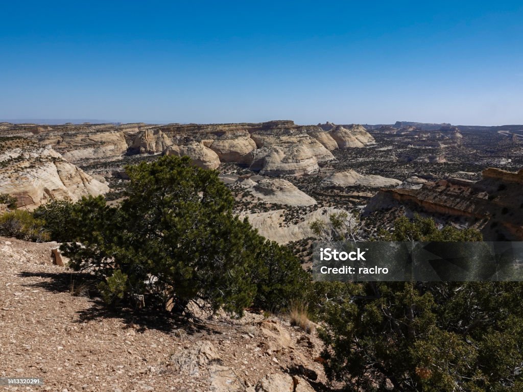 Sandstone domes and valley. San Rafael Swell, Utah. Blue Stock Photo