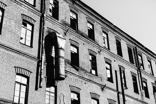 Black white photography. Abandoned building. Old abandoned factory. Gothic background. Scary place. Post apocalyptic landscape. Industrial background. Horror. Destruction. Conceptual photo. Bw photo