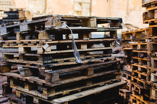 Wooden pallets. Old wooden box. Recycling plant.