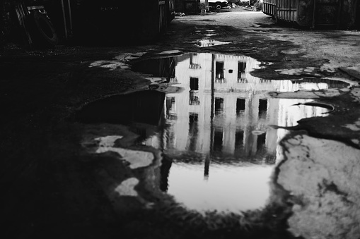 Black white photography. Abandoned building. Old abandoned factory. Gothic background. Scary place. Post apocalyptic landscape. Industrial background. Horror. Destruction. Conceptual photo. Bw photo