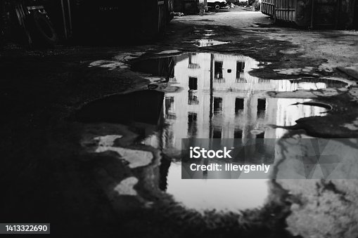 istock Black white photography. Abandoned building. Old abandoned factory. Gothic background. Scary place. Post apocalyptic landscape. Industrial background. Horror. Destruction. Conceptual photo. Bw photo 1413322690