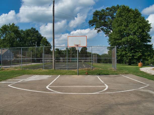Outdoor Basketball Court at Wallace Park in Paola Decent outdoor full court in Paola Kansas on a hot sunny Summer day. Try your luck shooting hoops and hit a three point shot. kansas basketball stock pictures, royalty-free photos & images