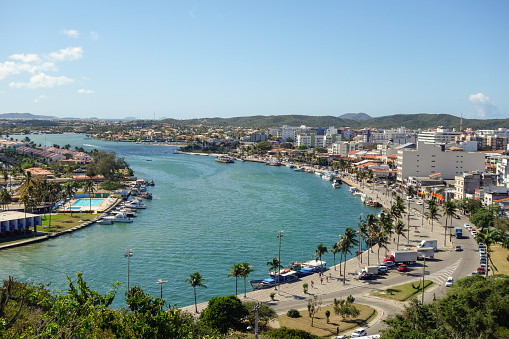 Panoramic view over Araruama lagoon and cityscape in Cabo Frio, RJ, Brazil.