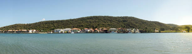 istock Bayfront mansion houses in condominium in a forested island. Panoramic 1413323817