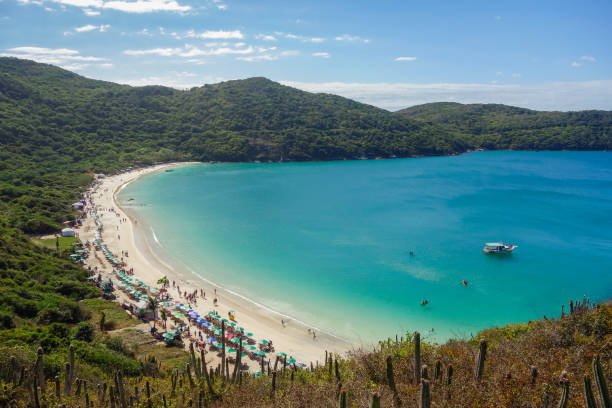 Panoramic of idyllic and wild Forno beach in Arraial do Cabo, RJ, Brazil Panoramic of idyllic and wild Forno beach in Arraial do Cabo, RJ, Brazil. arraial do cabo stock pictures, royalty-free photos & images