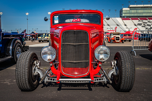 Lebanon, TN - May 13, 2022: Low perspective front view of a 1932 Ford 3 Window Highboy Coupe at a local car show.