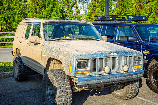 Pigeon Forge, TN - August 25, 2017: Modified Off Road Jeep Cherokee XJ Sport at a local enthusiast rally.