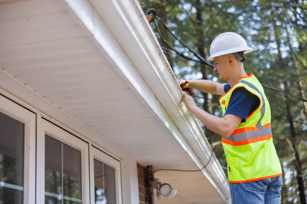 istock Worker removing autumn leaves from gutter. Focus on the foreground with defocused background. 1413326455