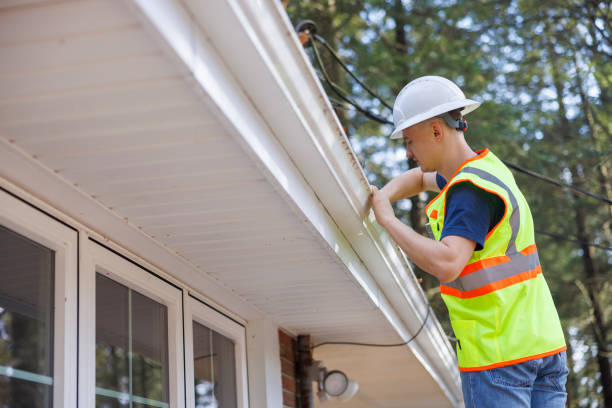 istock Worker man clearing leaves from gutter up high on a ladder. Focus on the foreground with defocused background. 1413326456