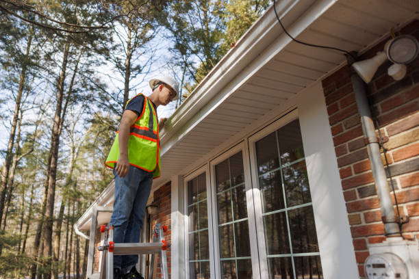 Blue collar worker  is inspecting the roof of the house for gutter cleaning. Focus on the foreground with defocused background. stock photo