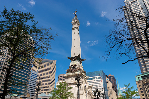 Indianapolis, Indiana - United States - July 29th, 2022: The Sailors and Soldiers Monument, built in 1888, in downtown Indianapolis on a beautiful Summer afternoon.