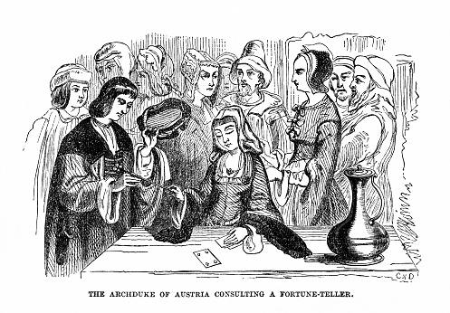 A fortune teller reads the future of an Archduke of Austria. Illustration published in 1863. Original edition is from my own archives. Copyright has expired and is in Public Domain.