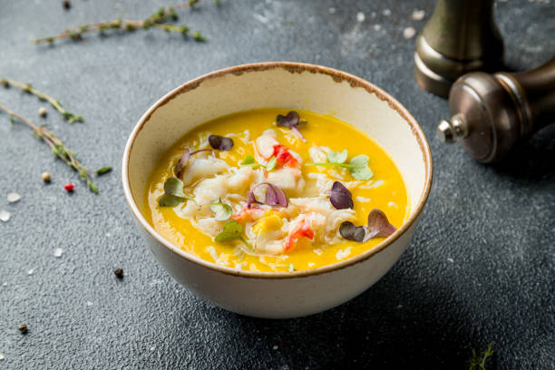 istock pumpkin cream soup with crab on the bowl on dark table 1413334455