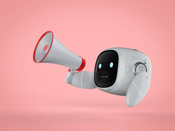 online marketing concept with small and cute robot with no leg hold megaphone - announcement message robot public speaker message imagens e fotografias de stock