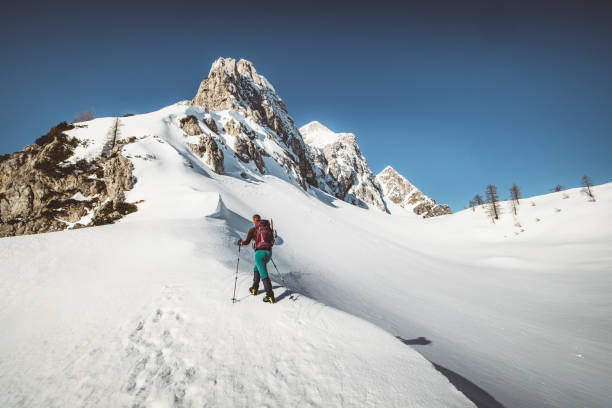 donna alpinista che sale sulla montagna innevata - snowshoeing hiking mountain winter foto e immagini stock