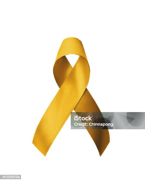 Childhood Cancer Awareness With Gold Ribbon Isolated On White Background With Clipping Path Golden Bow Color For Embryonal Rhabdomyosarcoma Neuroblastoma And Osteosarcoma Awareness 照片檔及更多 絲帶 - 縫紉物品 照片