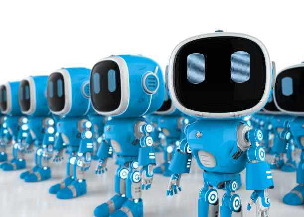 istock Group of robotic assistants or artificial intelligence robots 1413334779