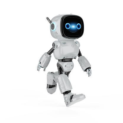 3d rendering cute and small artificial intelligence assistant robot with cartoon character walking on white backgrounddd