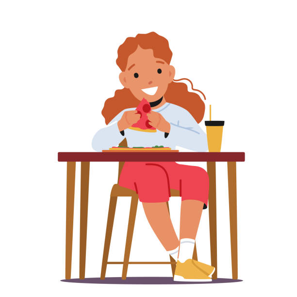 маленькая девочка ест пиццу изолированно на белом фоне. малыш ест фастфуд сидя за столом. улыбающаяся девочка ребенок обед - caucasian white background little girls isolated on white stock illustrations