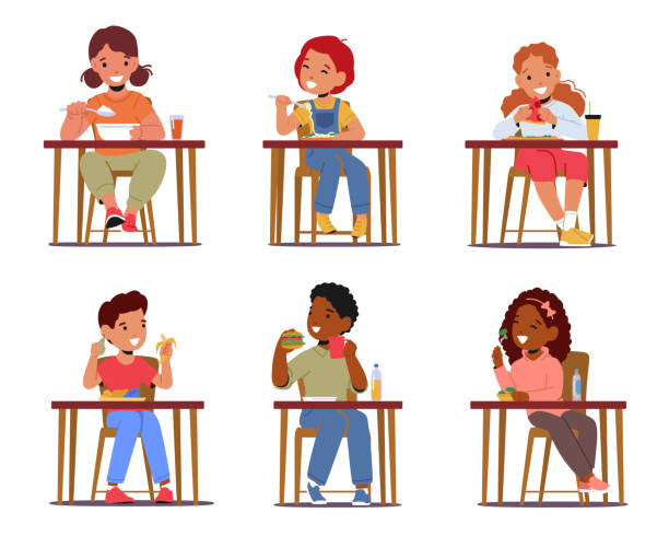 набор детей есть еду, маленькие девочки и мальчики сидят за столом с вкусной едой, изолированной на белом фоне. детское питание - caucasian white background little girls isolated on white stock illustrations