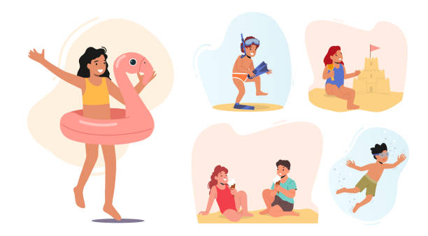 illustrazioni stock, clip art, cartoni animati e icone di tendenza di set di attività in spiaggia per bambini e divertimento. bambini e bambine costruire un castello di sabbia nuotare nel mare, mangiare un gelato - bambini spiaggia