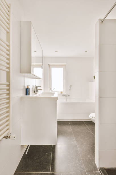 istock Lavatory with toilet, sink and open shower 1413337154