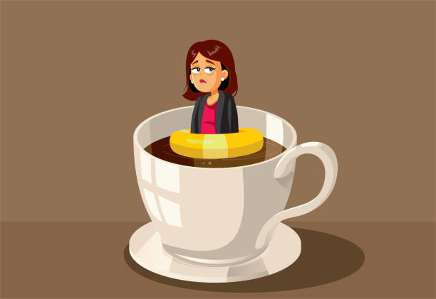 ilustraciones, imágenes clip art, dibujos animados e iconos de stock de mujer de negocios agotada con una boya salvavidas flotando en una caricatura vectorial de café - dependency caffeine tired women