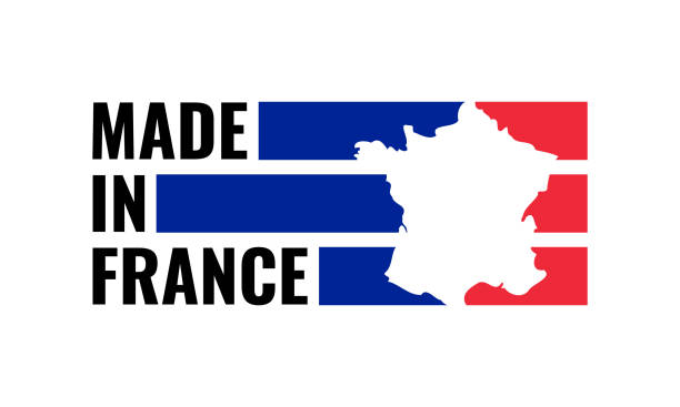 illustrations, cliparts, dessins animés et icônes de made in france, logo vectoriel avec français bandes colorées drapeau et carte du pays - fabriqué en france