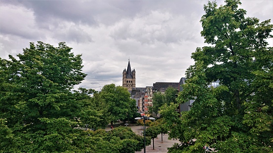 Germany. Cologne. View of the city with Great St. Martin Church from Museum Ludwig.