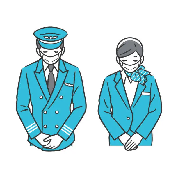 Vector illustration of Captain and flight attendants bowing (mask-wearing)