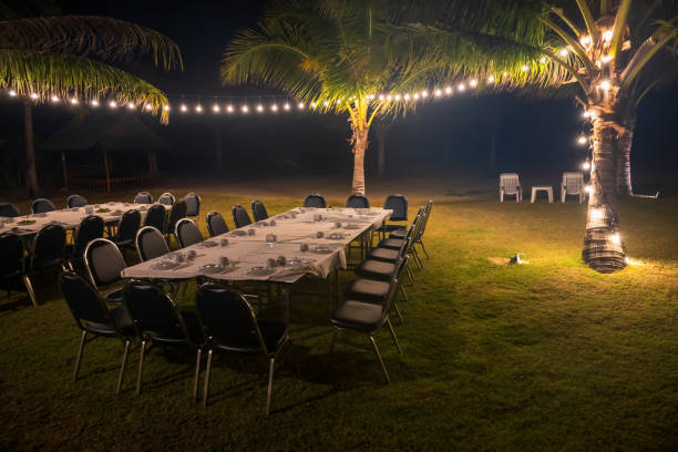 istock group dinner with tables and chairs by beach with light decor 1413353632