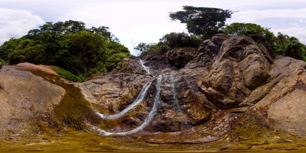 Waterfall in the tropical mountain jungle. Sri Lanka. 360-Degree view.