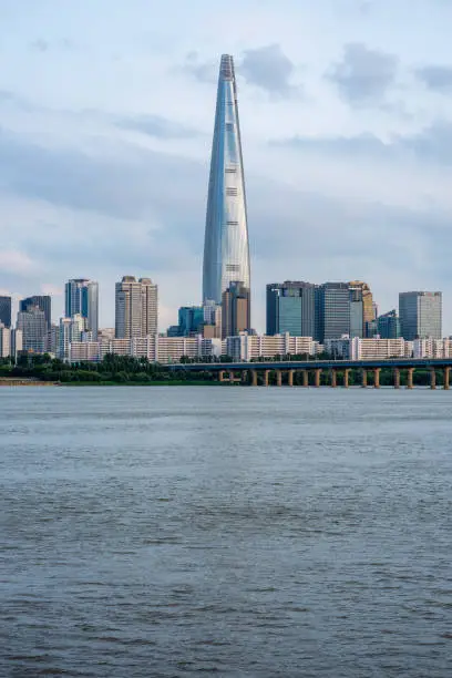 Lotte World Tower skyscraper and Han River in Seoul South Korea on 5 August 2022
