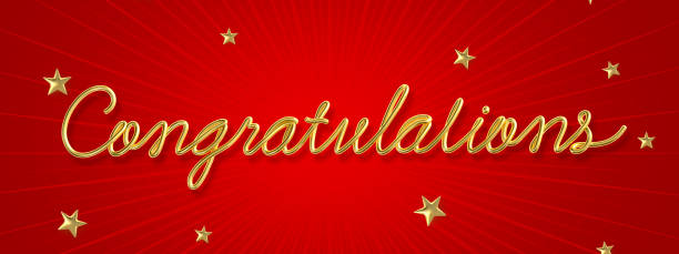 Congratulations word made from realistic gold with star on red background. 3d illustration.