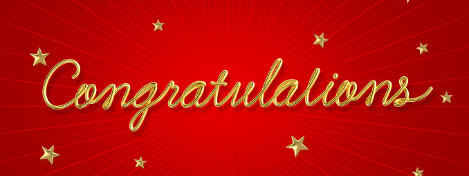 Congratulations word made from realistic gold with star on red background. 3d illustration.