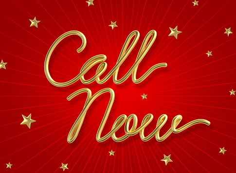 Call now word made from realistic gold with star on red background. 3d illustration.