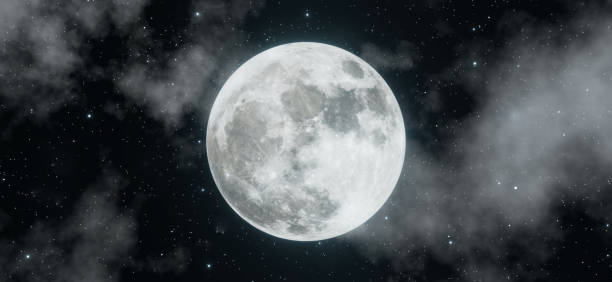 슈퍼 달은 하늘 배경에 구름과 함께 멋진 빛. 3d 렌더링. - 보름달 뉴스 사진 이미지
