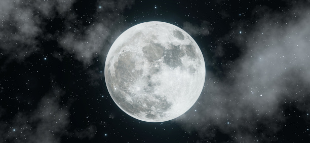 Super moon shine wonderful with clouds in the sky background. 3D rendering.